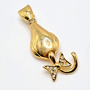 Vintage Cat Brooch, Moving Tail, Rhinestone Collar & Bow, Back View, 2 1/4 Inch